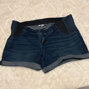 Isabel Maternity midi denim shorts; dark blue; side elastic